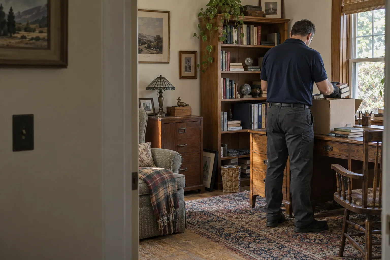 Professional reviewing belongings in a furnished study.