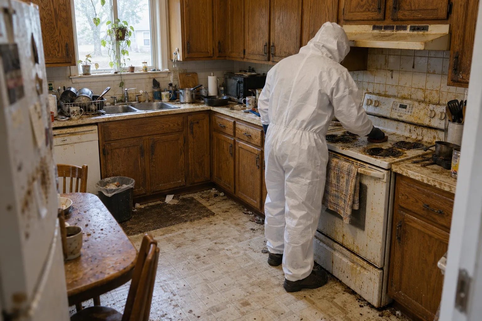 Technician cleaning a heavily soiled kitchen stove.