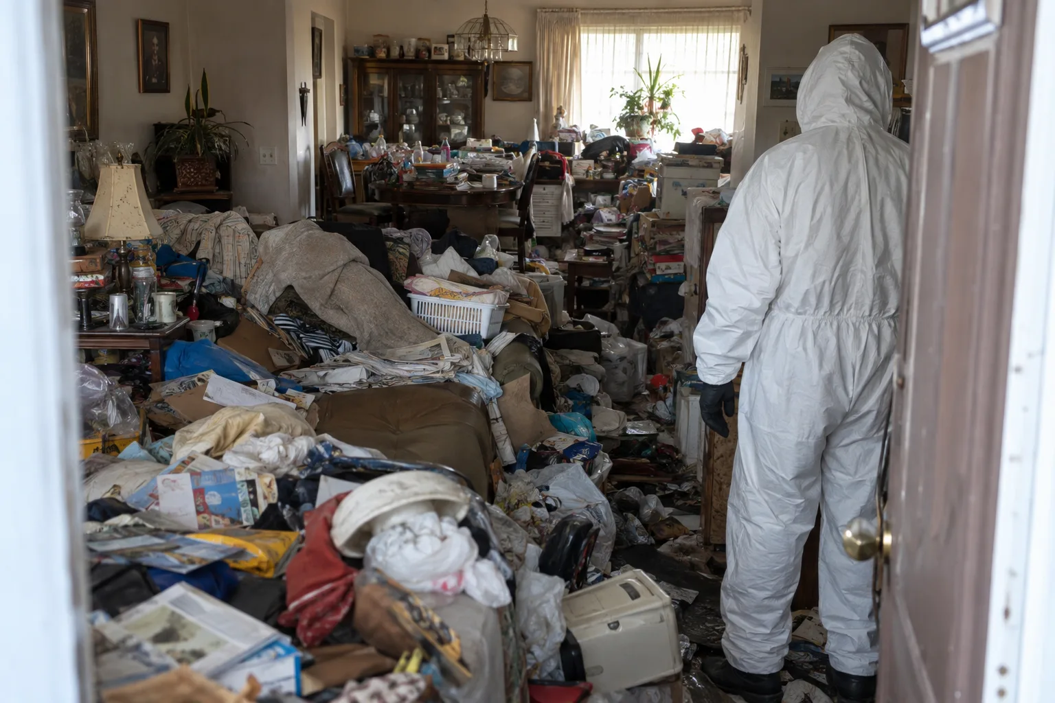 Technician assessing a heavily cluttered living room.