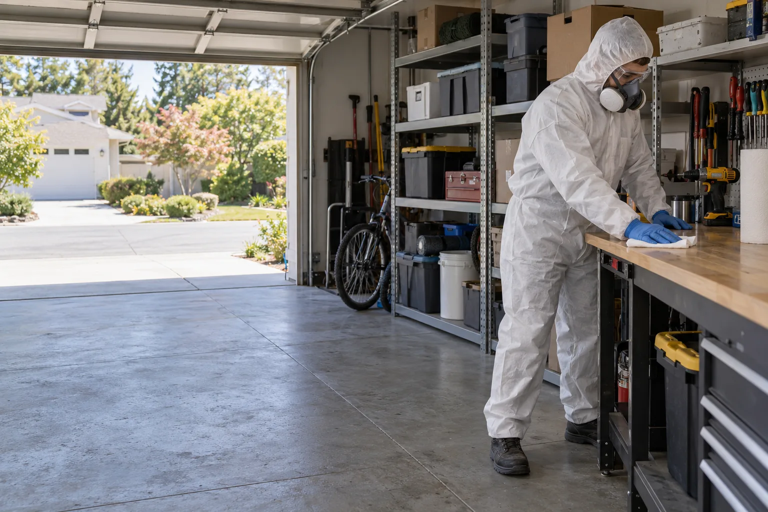 Protective-clothed technician cleaning a garage workbench.
