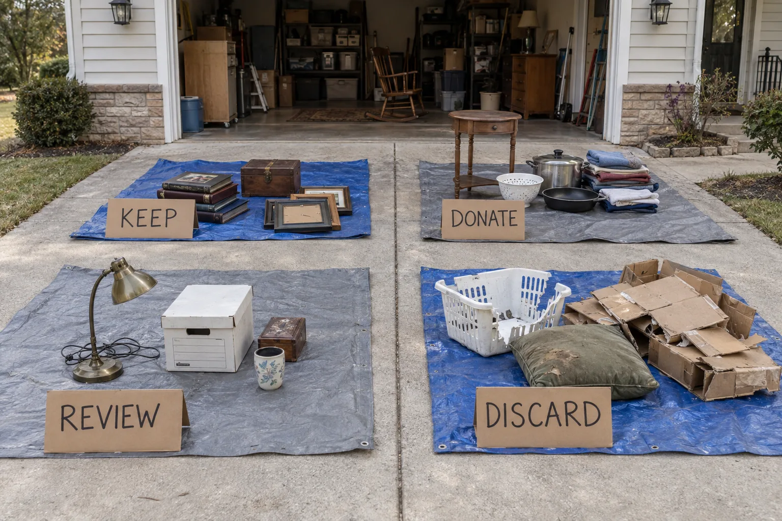 Four tarps outside a garage marked KEEP, DONATE, REVIEW, and DISCARD.