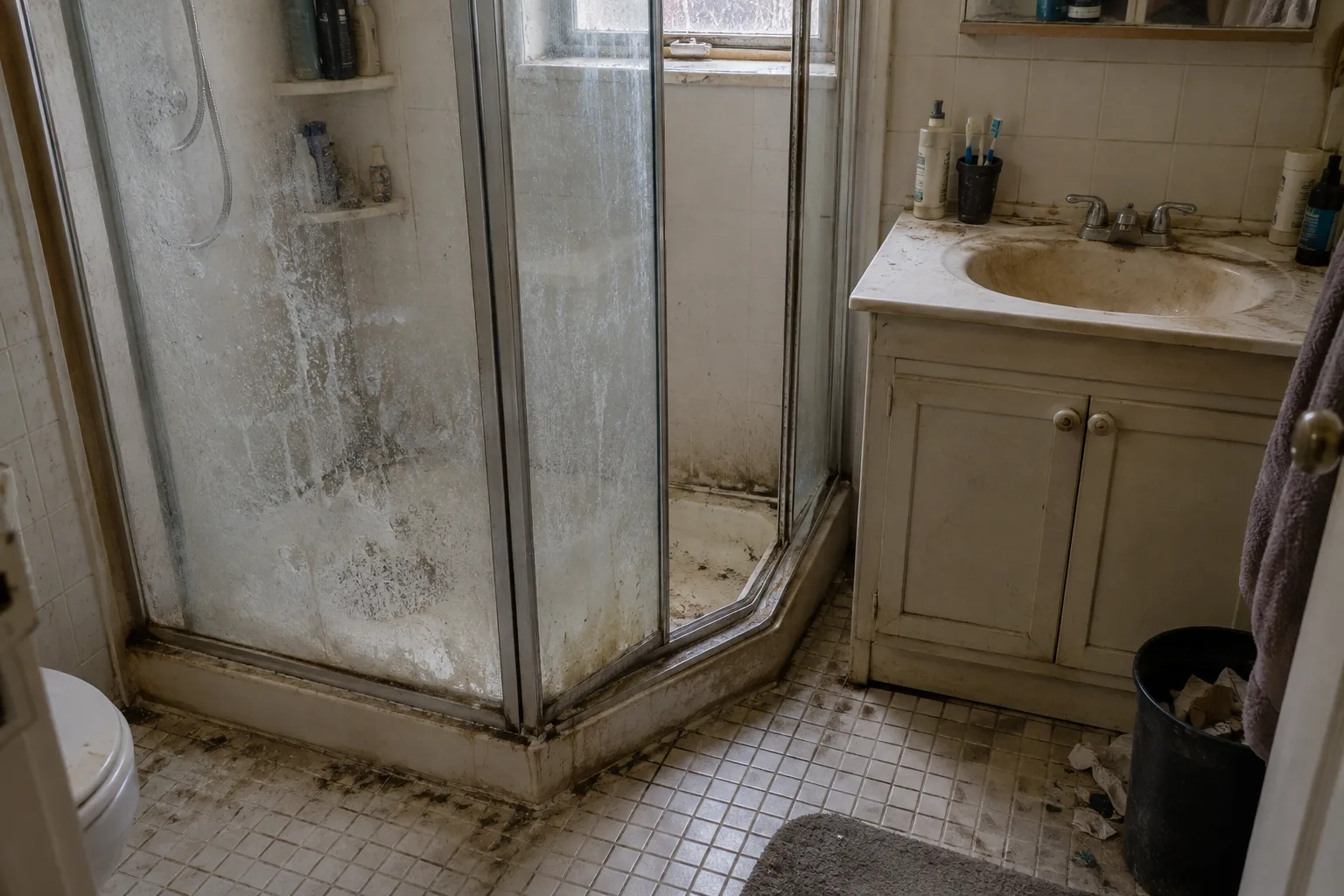 Neglected bathroom with heavy buildup on the shower and surrounding surfaces.
