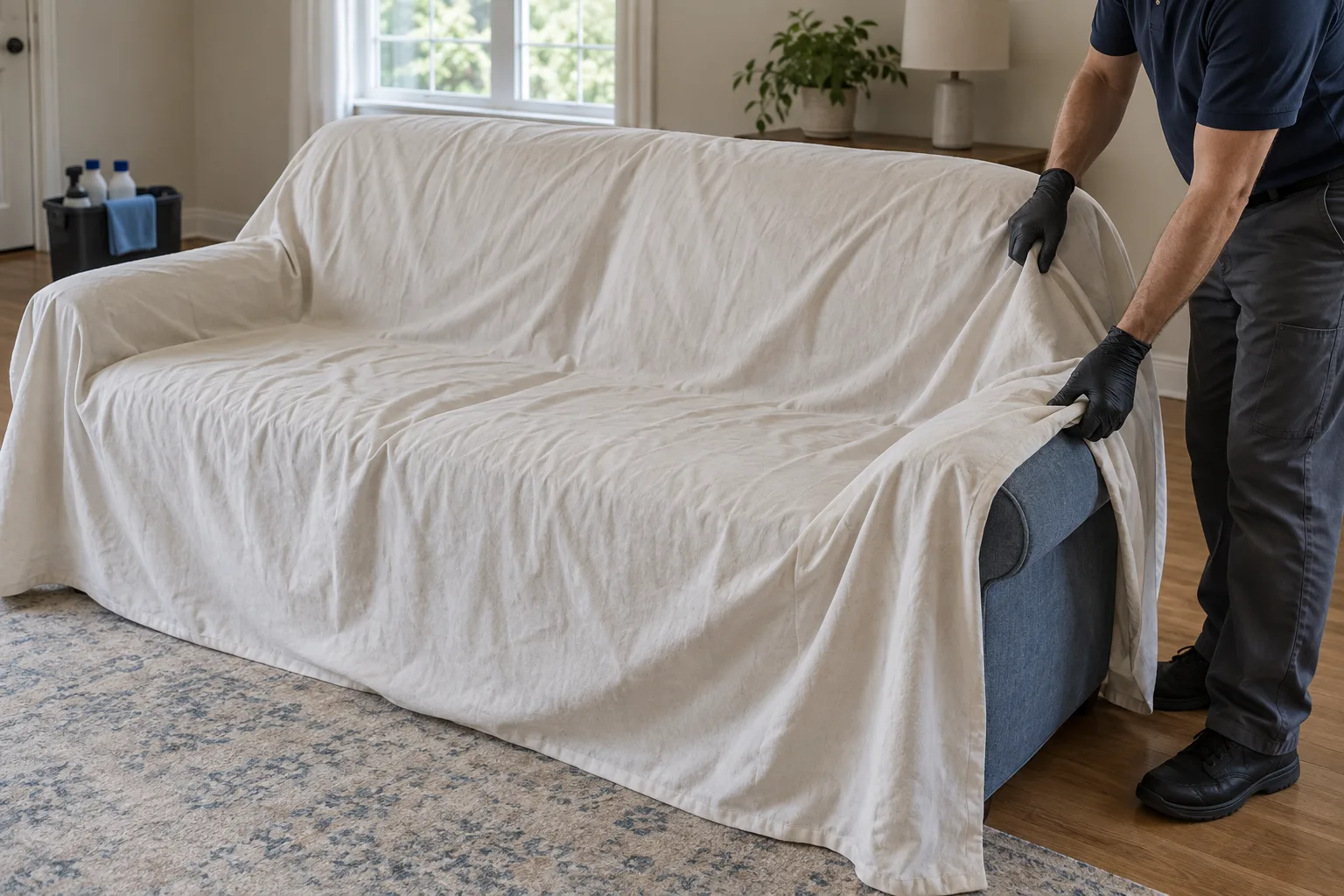 Worker placing a protective cover over a sofa.