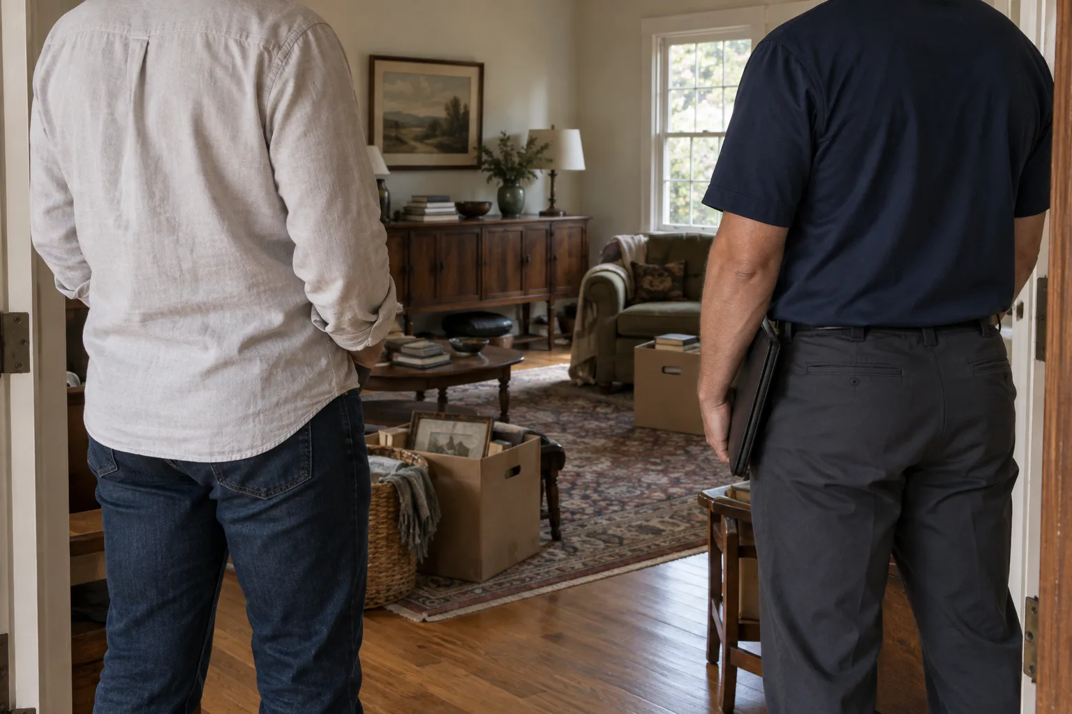 Two people reviewing a furnished home, viewed from behind.