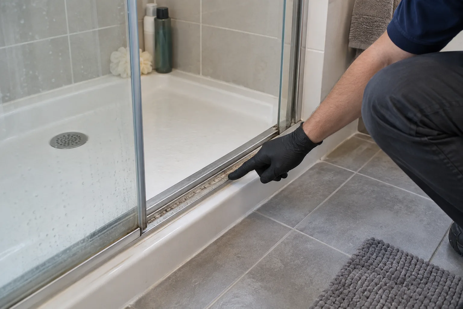 Black-gloved hand pointing to residue in a shower-door track.