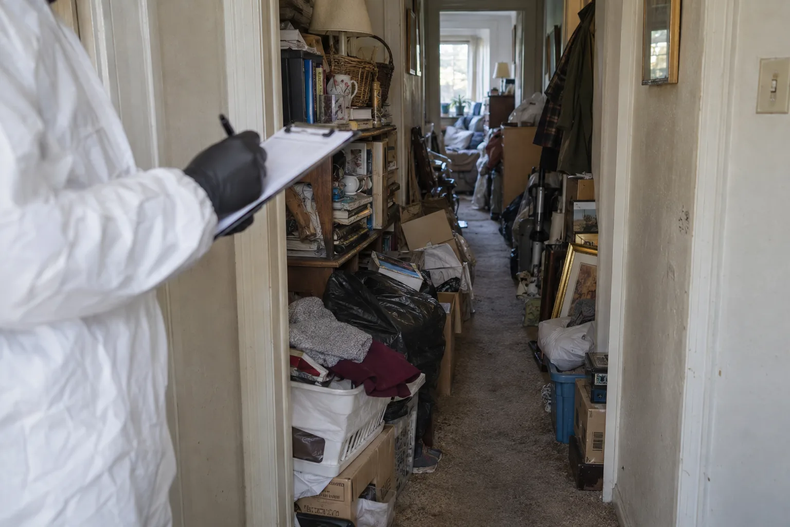Technician documenting access through a cluttered hallway on a tablet.