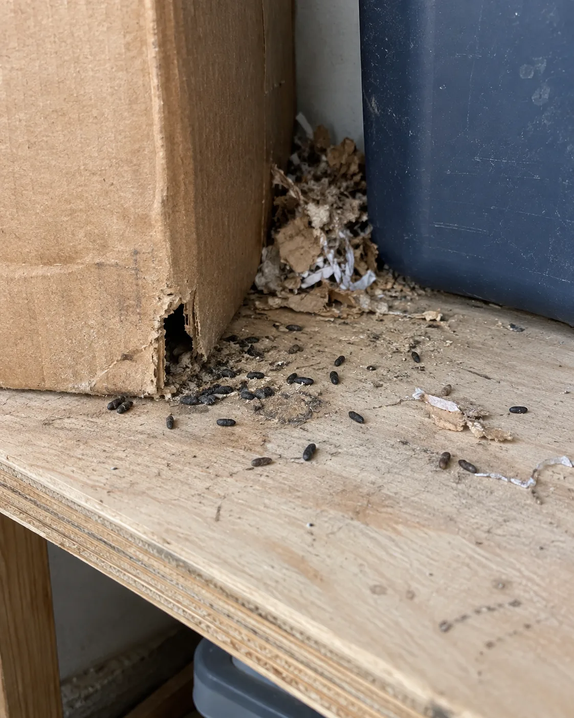 Gnawed storage carton and rodent droppings on shelving.