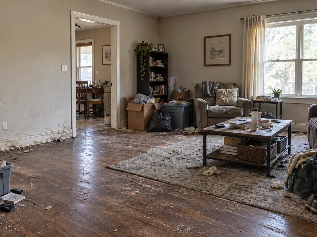 A residential living room with belongings across a worn floor, seen through to an adjoining hallway